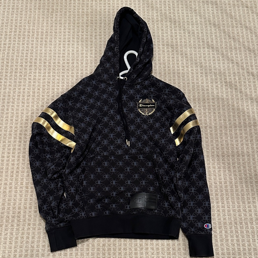 Champion Black Hoodie with Gold Stripes